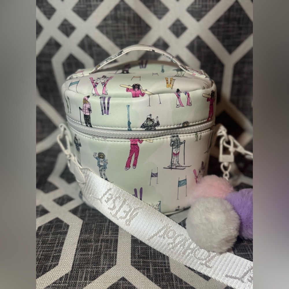 Betsey Johnson White Ski Print Cosmetic crossbody Case with Pom Pom Strap